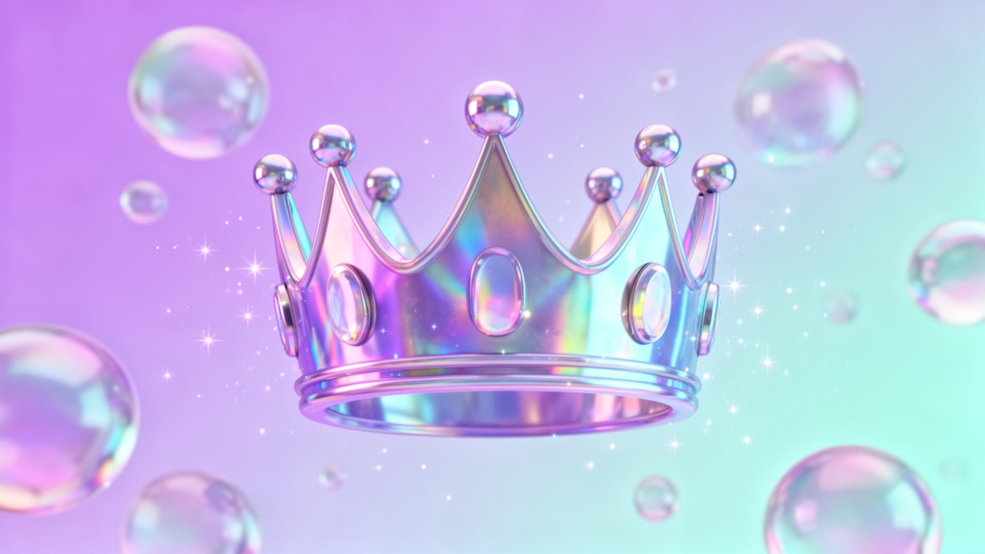 Holographic floating crown surrounded by chrome bubbles